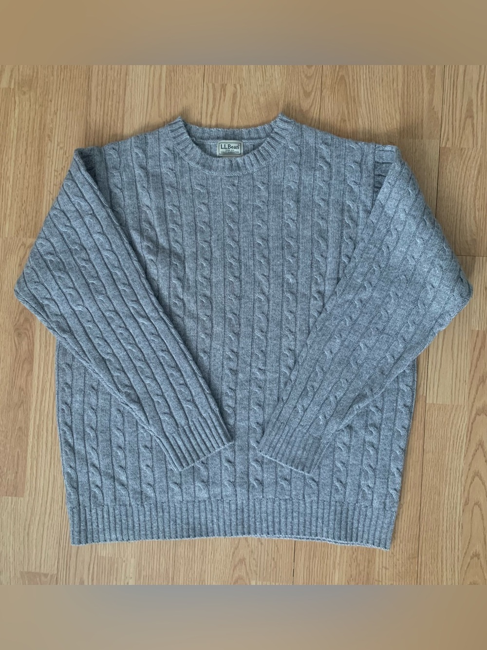 LL Bean Cable Knit Sweater Mens XL Gray wool blend Crewneck 90s Fisherman Preppy